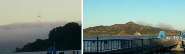 Fog photos taken in the same hour: Sutro Tower, Angel Island