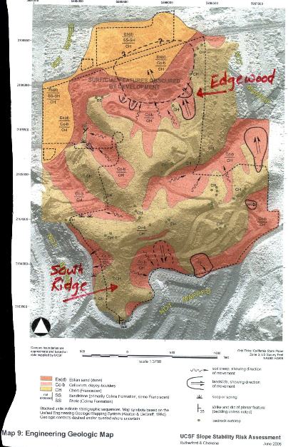 Pink areas and wiggly arrows show landslide risk; double line arrows show past landslides.