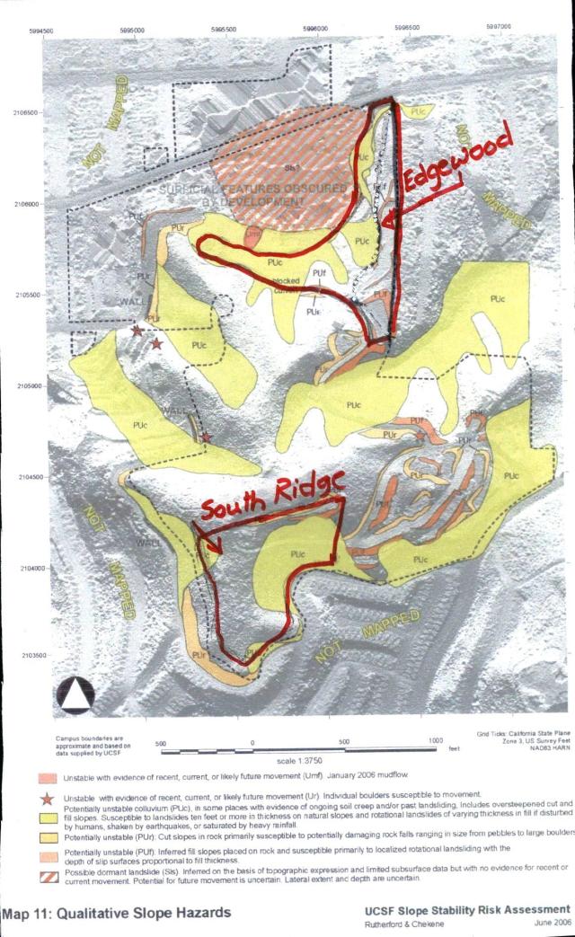 Red boundaries shown tree-felling sites. Colored areas indicate landslide risk.